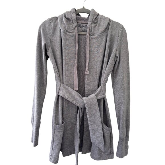 Lucky Brand Cozy Grey Hooded Wrap Cardigan With Tie Waist & Side Pockets - Picture 11 of 13